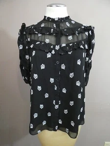 Shoshanna Women's M Terra Top Black Semi Sheer Floral Button Up Ruffle Detail - Picture 1 of 11