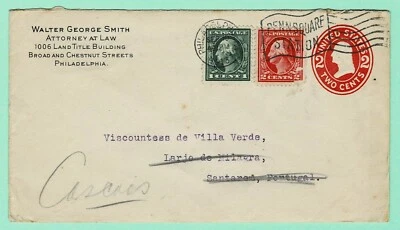 US #374, 375, U411 PENN SQUARE STA PHILADELPHIA Sep 10 13 to  SANTAREM PORTUGAL - Image 1 of 2