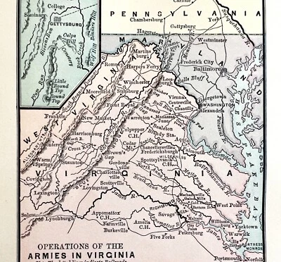 Map Sherman's Army Virginia Operations 1871 Victorian Lithograph History DWAA12 - Image 1 of 2