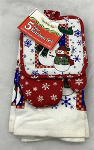 Christmas Kitchen Linen Set 5pc Snowman Towels, Potholders, And Oven Mitt New - Picture 1 of 6
