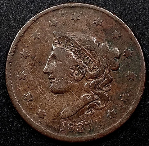 1837 Coronet Head Large Cent, plain cords, medium letters variety! Cover