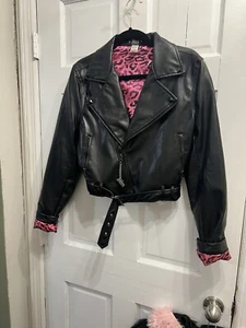 Abbey Dawn by Avril Lavigne Black JUNIORS XL Belted Poly Leather Zip Moto Jacket - Picture 1 of 2