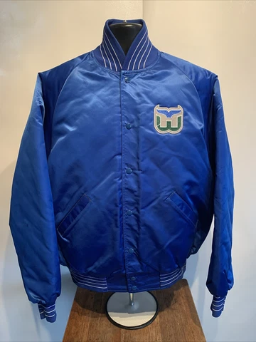 Vintage Hartford Whalers NHL Hockey Snap Satin Varsity Jacket Mens Sz Large Vtg Cover