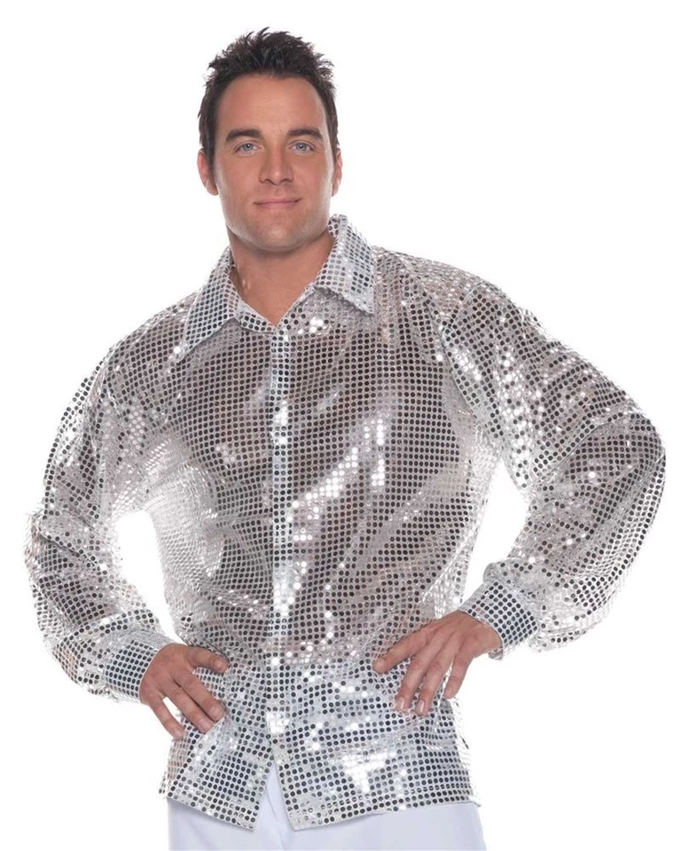 CAMISA DISCO PLATEADA Lentejuelas Años 70 Retro Para Hombre Top Disfraz Halloween Talla Única Estándar Foto 1 de 1