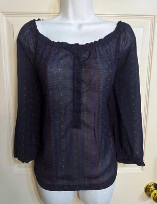 Blusa Top Campesina Boho American Eagle Talla L Negra Azul Marino Semi Transparente Cuello Elástico Foto 1 de 4