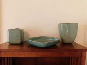 Vintage Glidden Lot passende Vase, Schale, Übertopf Türkis Rotkehlchen Ei blau eckig - Bild 1 von 11