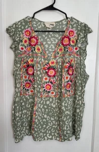 Savannah Jane Plus Size 3X Sage Animal Print FLoral Embroidered Blouse - Picture 1 of 11