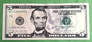 Series 2021 $5 Federal Reserve Note Fancy Serial Number Solid 5 - 01888885 - Picture 1 of 3