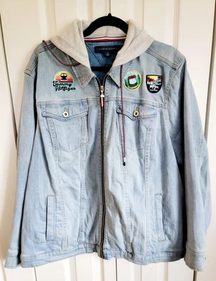 Tommy Hilfiger 2X 连帽衫女式全拉链牛仔夹克补丁酸洗 — 第 1/4 张图片
