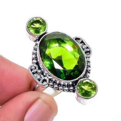 Burmese Peridot Gemstone Silver Plated Jewelry Ring s.9 T277 - Image 1 of 4