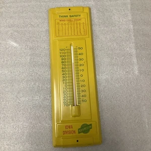 Vintage THINK SAFETY Chicago North Western Railroad Yellow Tin Thermometer Iowa - Picture 1 of 7