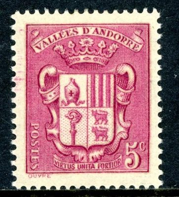 Andorra 1936 French 5¢ Rose Lilac Scott #68 Mint G145 - Image 1 of 4