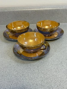 Porcelain Lusterware Tea Cup and Saucer Set Of 3 Peach Blue Made in Japan - Picture 1 of 10
