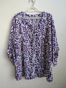 Catherine's Size 3X Button Up 3/4 Roll Tab Sleeve Top Blouse Flowy Summer Plus - Picture 1 of 9