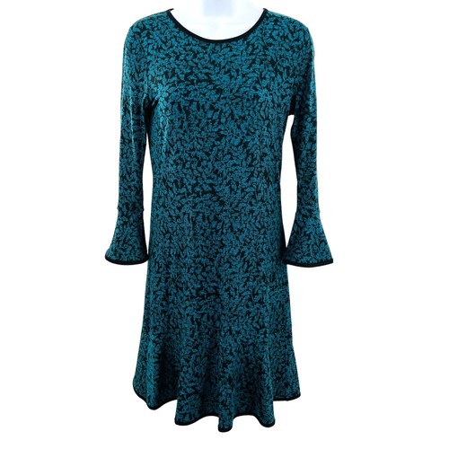 Abito tubino classico Michael Kors nero teal maglia floreale manica lunga a campana XS