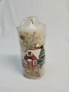 Vintage Weihnachten Stumpenkerze geschnitzte Brücke und Schlitten Winterszene 3D 6 Zoll - Bild 1 von 8