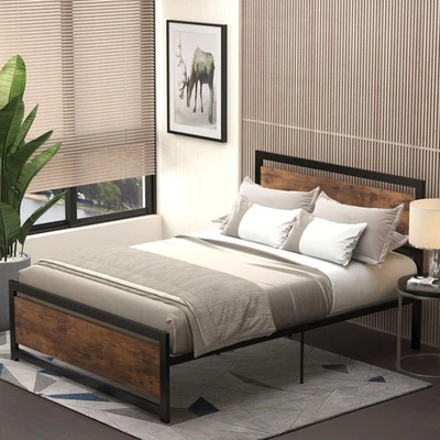 Double Size Metal Bed Frame Slat Support Bedstead Base w/ Headboard & Footboard - Image 1 of 4