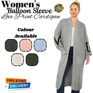 Womens Long Sleeves Love Print Oversize Chunky Knit Balloon Sleeve Maxi Cardigan - Picture 1 of 9