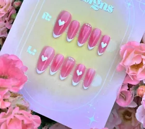 ๐ CUSTOM Gel Press On Nails, Pink Medium Amond 10p FULL W KIT - Picture 1 of 4