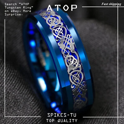8mm Blue Tungsten Carbide Ring Celtic Dragon Carbon Fibre ATOP Men's Jewelry - Image 1 of 4