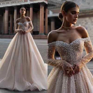 Tulle A Line Off Shoulder Wedding Dresses With Crystal Long Sleeve Plus Size HOT - Picture 1 of 18