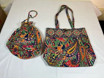 Venetian Paisley Vera Bradley Shoulder Tote Bag w/ Drawstring Ditty Travel Bag - Image 1 of 4
