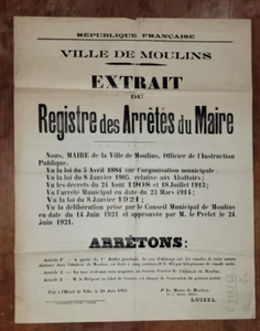 très rare Affiche arrêté mairie de Moulins Allier 29 juin 1921 régionalisme - Imagen 1 de 4