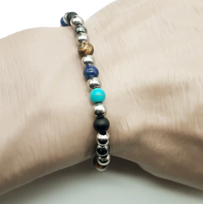 Bracciale Acciaio Pietre Turchese Occhio di Tigre Lapislazzuli perle Nero Uomo - Immagine 1 di 4