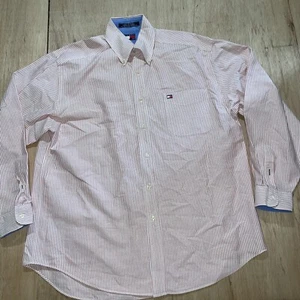 Camicia vintage Tommy Hilfiger con bottoni uomo L blu bianca rossa bandiera a righe - Foto 1 di 6