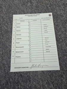 Tarjeta de árbitro de alineación usada juego firmado por Mike Hardgrove Seattle Mariners 20/06  - Imagen 1 de 3