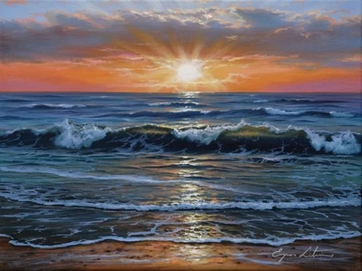 J. Litvinas Original Oil Painting  'OCEAN SUNSET'  16 by 12  inches - Image 1 of 4