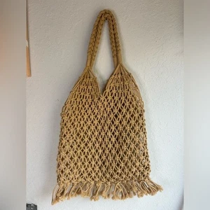 Braided Tan Tote Bag- tassel- shoulder bag- coastal boho mermaid net- braided - Picture 1 of 7
