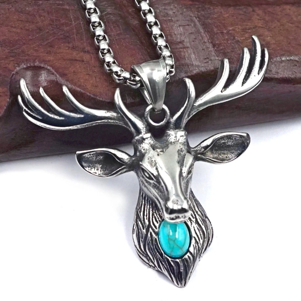 Hombre Unisex Turquesa Cuerno de Ciervo Colgante Collar Animal Joyero Cadena 24" Foto 1 de 4