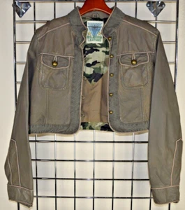 Wilsons Leather Jacket VTG 90s Olive Drab Cotton Trim Brass Globe Buttons Sz S/M - Picture 1 of 11