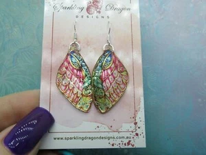 Earth Goddess Butterfly Earrings Stained Glass Pink, Blue & Gold Fairy Jewellery - Picture 1 of 5
