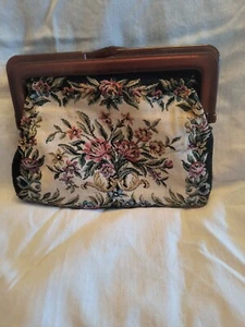 Vintage Clutch Handtasche/Handtasche Hong Kong Made Tapestry Make-up Tasche Lucite Rahmen - Bild 1 von 5