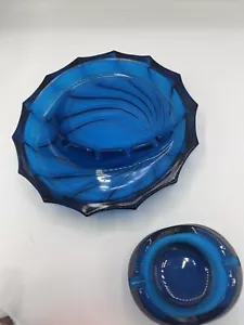 Lot of 2 Vintage Viking MCM Blunique Cobalt Blue Glass Ashtray trinket dish - Picture 1 of 9