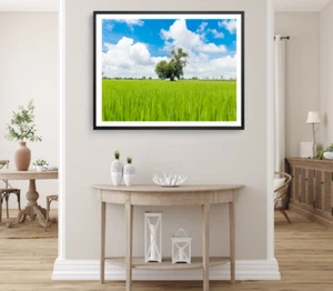 Rice Paddy Field Print, Tree Wall Art, Cloudy Framed Nature Wall Art, Natural - Picture 1 of 5