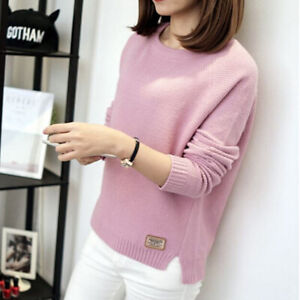 Women Korean Long Sleeve Top Knitted Shirt Blouse Sweatshirt Loose Solid JumD-qk