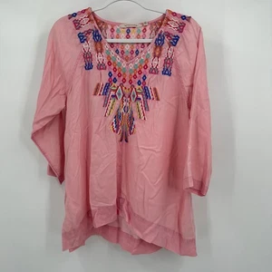 Weiche Umrandung bestickt Boho Tunika Top Gr. PL rosa bunt geometrisch - Bild 1 von 9