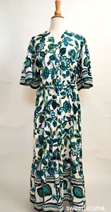 NWT Anthropologie Fig & Flower Boho Midi Maxi Dress XL Floral Blue Elastic Waist - Picture 1 of 13