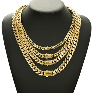 6-14MM  All Stainless Steel 14k GP Miami Hip Hop Cuban Chain Necklaces - Picture 1 of 24