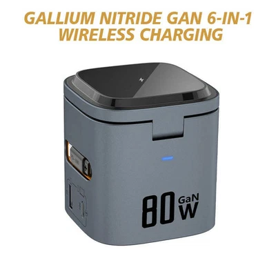 80W 6-in-1 GaN USB C Fast Charging Station Wireless Charger Retractable Cable - Image 1 of 4