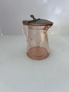 Jarra de jarabe de vidrio Pink Depression con tapa de acero y rosas pintadas a mano 1914 - Imagen 1 de 7