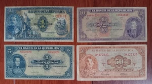 Colombia Bank Notes $ 1 - 1954  5 - 1950  10 - 1963 and $ 50 1967 Circulated - Picture 1 of 2
