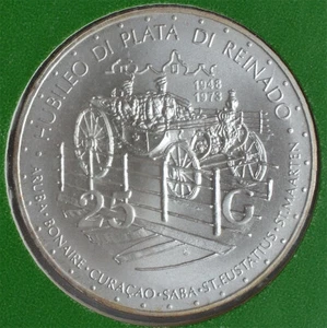 Antillas Neerlandesas 25 florines 1973 plata 1,25 oz. BU 'Royal Carriage' paquete como nuevo - Imagen 1 de 3