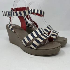 Crocs Women's Size 9, A Leigh Wedge II Ankle Strap White & Blue Sandals Shoes - Picture 1 of 16