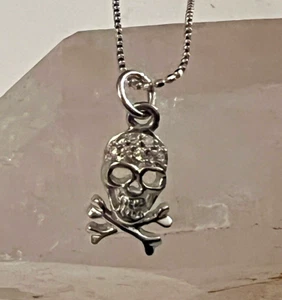 14K White Gold Diamond Jolly Roger Skull & Crossbones Pirate Necklace 16" Chain - Picture 1 of 9