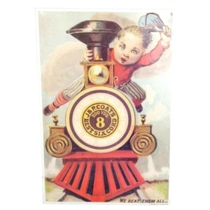 "We Beat Them All" J&P Coats Boy Riding Train Vintage Werbung Blechschild - Bild 1 von 5