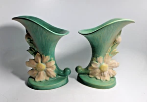Pair of Vintage Roseville Vase 171-8” Flower Cornucopia Green & Pink Peony c1942 - Picture 1 of 19